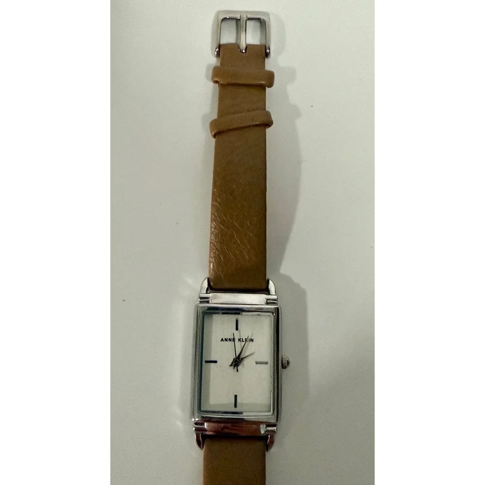 Anne Klein Rectangle‎ Watch Women Silver Tan Leather Band Excellent Minimalist